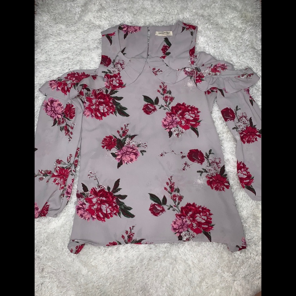 lavender floral, ruffle, cold shoulder top